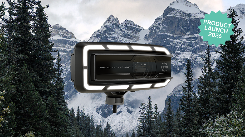TYRI-Driving-Light-DLM-F1-Product-Launch-2026 TYRI DLM F1 LED driving light with innovative TRI-LED technology showcased against a snowy mountain landscape, highlighting the 2026 product launch.