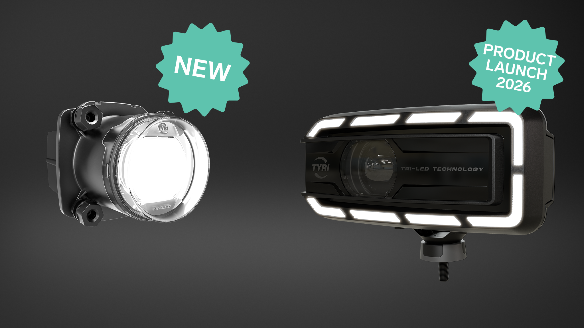 TYRI driving light range featuring new recessed DLM-09 and upcoming TRI-LED technology for DLM-F1, showcasing innovative design and 2026 product launch announcement.