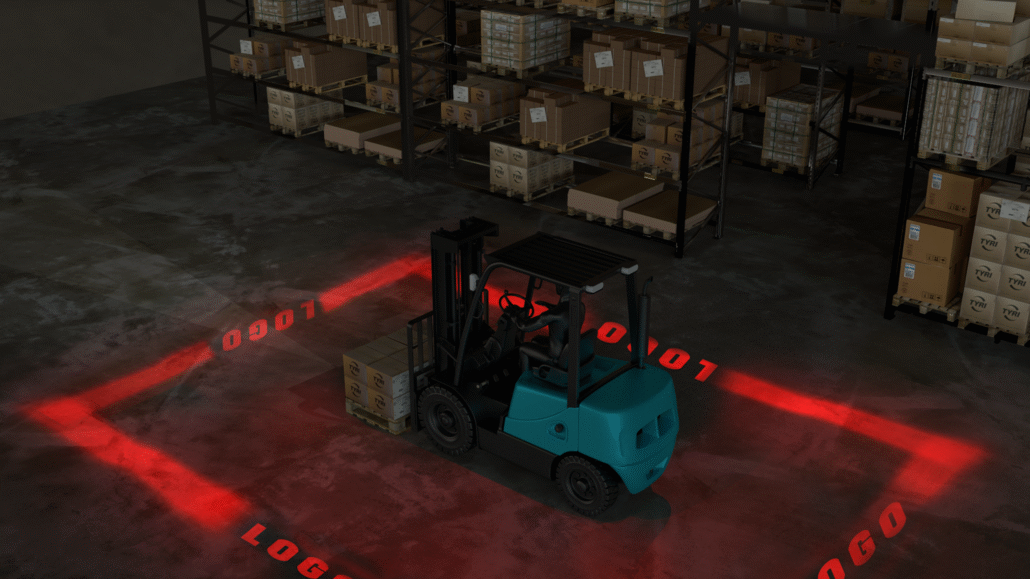TYRI-VL4-Redline-Text-Projection-Warehouse-Visualization-1030px Visualization of TYRI VL4 Redline LED safety light projecting red warning zones around a forklift in a warehouse environment.