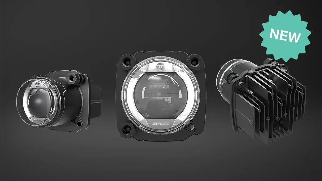 La nouvelle gamme de produits TYRI DLM 09 LED Feux de route est présentée de face et de profil, mettant en valeur le design et la technologie de pointe.