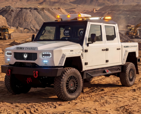 Jakob Mining Vehicles latest vehicle; Terra Charge in an open gravel pit with TYRI driving light; DLM-F1 Bi-LED