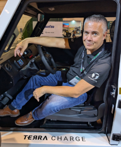 Will Wright, Sales Manager at Jakob Mining Vehicles, sitting in their new vehicle; Terra Charge